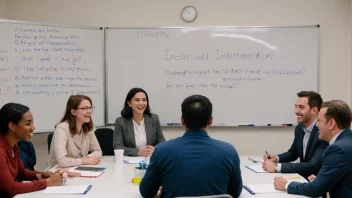 En gruppe mennesker fra ulike yrker og bakgrunner samlet rundt et bord, diskuterer og ler sammen, med en whiteboard i bakgrunnen med nøkkelord som 'inkludering', 'mangfold' og 'initiativ'.