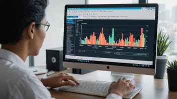 En person som analyserer data på en dataskjerm med en graf som viser en økende trend i bakgrunnen