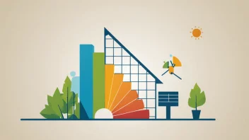 En illustrasjon av en bygning med en graf som viser energiforbruk og potensielle energibesparelser.