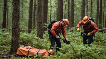 Et søke- og redningsteam som bruker et søkeapparatur for å finne en savnet person i en skog.