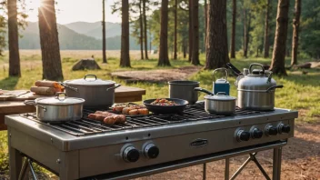 Et campingkjøkken med gasskomfyr, kokekjele og kjøkkenredskaper, omgitt av trær og en naturskjønn utsikt.