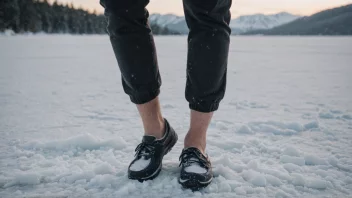 En person med kalde føtter, muligens med is eller snø i bakgrunnen.