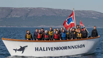 En gruppe mennesker i en båt, med en hval i bakgrunnen, og et banner som leser 'Hvalvernorganisasjon'