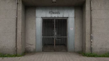 En fengselsinngang med en stor metall-dør og et skilt som leser 'Fengsel' på norsk.