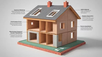 En illustrasjon av et hus med isolasjonspakning, som viser de forskjellige typene isolasjonsmaterialer som brukes til å redusere varmeoverføring og energitap.