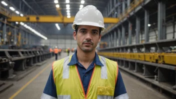 En stålindustriarbeider på en fabrikk, med en stålproduksjonslinje i bakgrunnen.