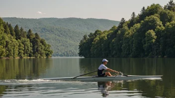 En person som sculler i en singlesculler på en rolig innsjø.