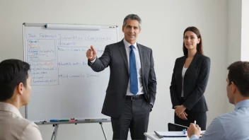 En virksomhetsleder står foran en whiteboard og forklarer en strategi til et team av ansatte.