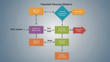 En illustrasjon av en flytdiagram eller et diagram som viser en betalingsstruktur, med piler og bokser som representerer ulike stadier og komponenter.