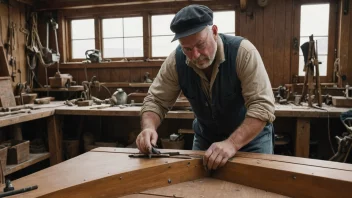 En skipssmed arbeider på en tre-seilbåt, og bruker en hammer og meisel til å forme et stykke tre. Seilbåten er i et verft, med andre båter og skip i bakgrunnen.