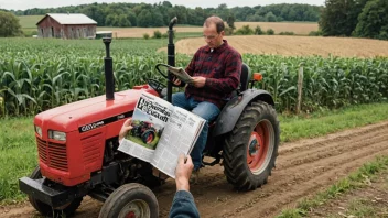 En person leser et tidsskrift med en traktor på forsiden, i en landlig setting.