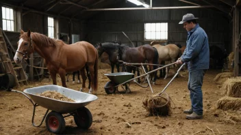 En stallbetjent i en landlig setting, med hester og andre dyr i bakgrunnen.