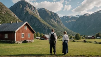 En person fra en bygd i Norge, kledd i tradisjonelle klær, stående foran et tradisjonelt gårdshus eller et fjellandskap.