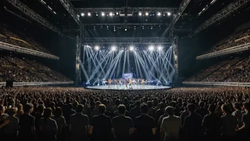 En stor dansearena med en scene og en folkemengde som danser