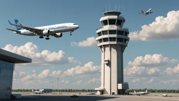 Flytrafikkontrolltårn med fly som tar av og lander i bakgrunnen.