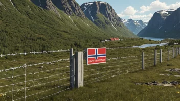 En norsk grensegjerde med et skilt som indikerer grensen.