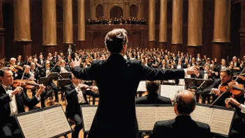 En dirigent står på et podium og leder et orkester gjennom innledningstaktene av et klassisk musikkstykke. Musikerne sitter og spiller på instrumentene sine, med fokus på strykere og treblåsere.