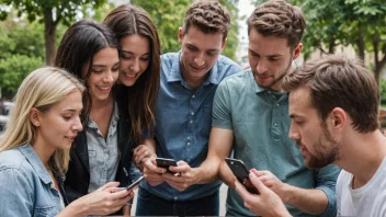 En gruppe mennesker samlet rundt en telefon, ser på oppdateringer på sosiale medier