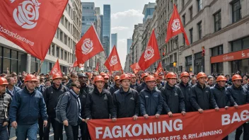 En illustrasjon av et fagforeningsbanner som bæres av arbeidere under en protest.