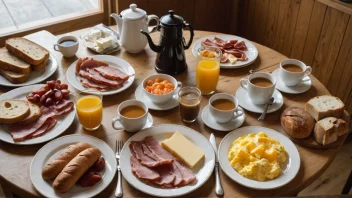 Et tradisjonelt norsk frokostbord med en variasjon av mat.