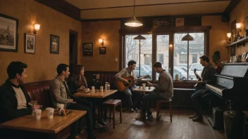 En kafe med en varm og koselig atmosfære, hvor folk kan slappe av og nyte en kopp kaffe mens de lytter til musikk.