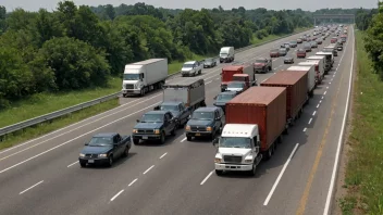 En trafikkork på en motorvei med en lastebil som blokkerer veien og forårsaker en transportforstyrrelse