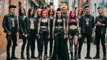 En gruppe mennesker med alternative mote-stiler, som punk, goth og hipster, samlet sammen i et levende og eklektisk miljø.