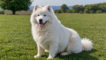 En samoyedhund med en tykk hvit pels, sittende på en gressplen.