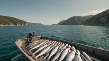 En fiskebåt som drar inn et stort fiskefangst, med en pittoresk kystlandskap i bakgrunnen.