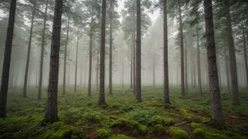 En fredelig skogscene med høye trær og en tåkete atmosfære.