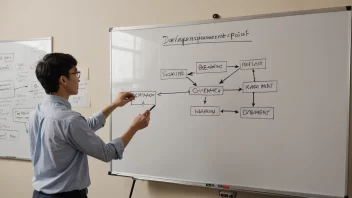 En illustrasjon av en person som står foran en whiteboard med et flytdiagram, som representerer et utviklingspunkt eller et punkt for forbedring.