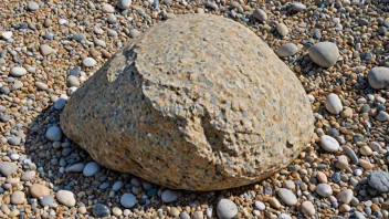 En kastingstein på en strand, med bølger som slår mot kysten.