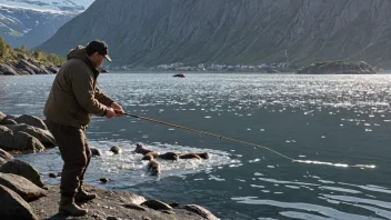 En person i en båt, omgitt av fjorder og fjell, driver med pelsfiske.