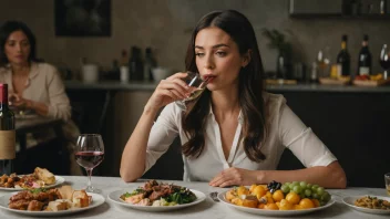 En person som smaker på et glass vin, omgitt av ulike typer mat og drikke.