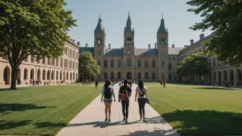 Et universitetscampus med studenter og bygninger