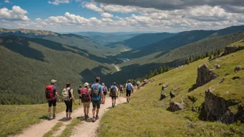 En gruppe turister som deltar i en guidet tur i et naturskjønt landskap.