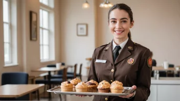 En tjenestepreget person med et vennlig smil, som holder en bakke med en kopp kaffe og en pastry.