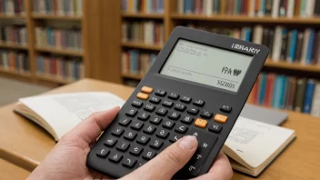 En person som holder en bok med et bibliotekkort og en kalkulator i bakgrunnen, som illustrerer konseptet å låne og beregne lånebeløpet.