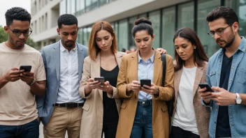 En gruppe mennesker fra ulike bakgrunner og aldre, alle kledd i moderne klær og bruker smarttelefoner, som representerer en mainstreamgruppe.