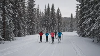 En gruppe mennesker som går på ski sammen i et snødekt landskap, med snødekte trær og fjell i bakgrunnen.