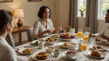 En varm og invitende frokostscene med en gjest som nyter et måltid med andre