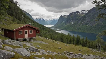 Et bilde av en norsk hytte i fjellet med en for salg-skilt foran, som representerer det norske fritidsboligmarkedet.