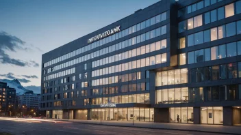 Et foto av en moderne bygning med en skilt som leser 'Innovasjonsbank' på norsk, som symboliserer innovasjon og entreprenørskap.