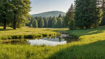 Et fredelig sommerlandskap med en liten vannkilde