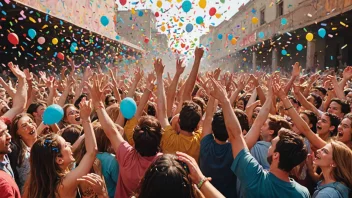 En fargerik og livlig illustrasjon av en festivalstart, med konfetti og ballonger som fyller luften og en menneskemengde som jubler og klapper.