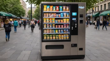 En stor, moderne automat med et bredt utvalg av snacks og drikke, inkludert hasselnøtter, på en travel byplass.