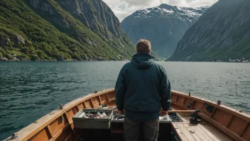 En person som opererer en fiskebåt i en norsk fjord.