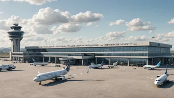 Et bilde av en lufthavn med flere fly og en stor bygning.