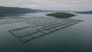 Et laksoppdrett i Norge med flere fiskekasser i vannet