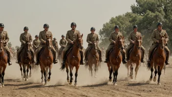 En ryttereskadron som rider hester i formasjon.